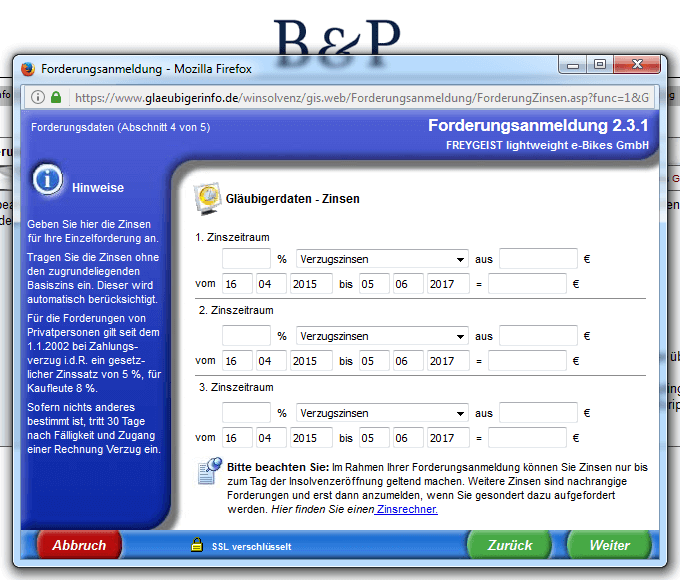 Forderungsanmeldung Schritt 5