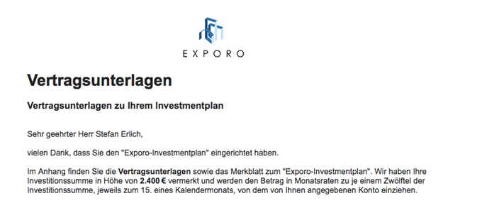 Exporo-Investmentplan - Unsere Investition
